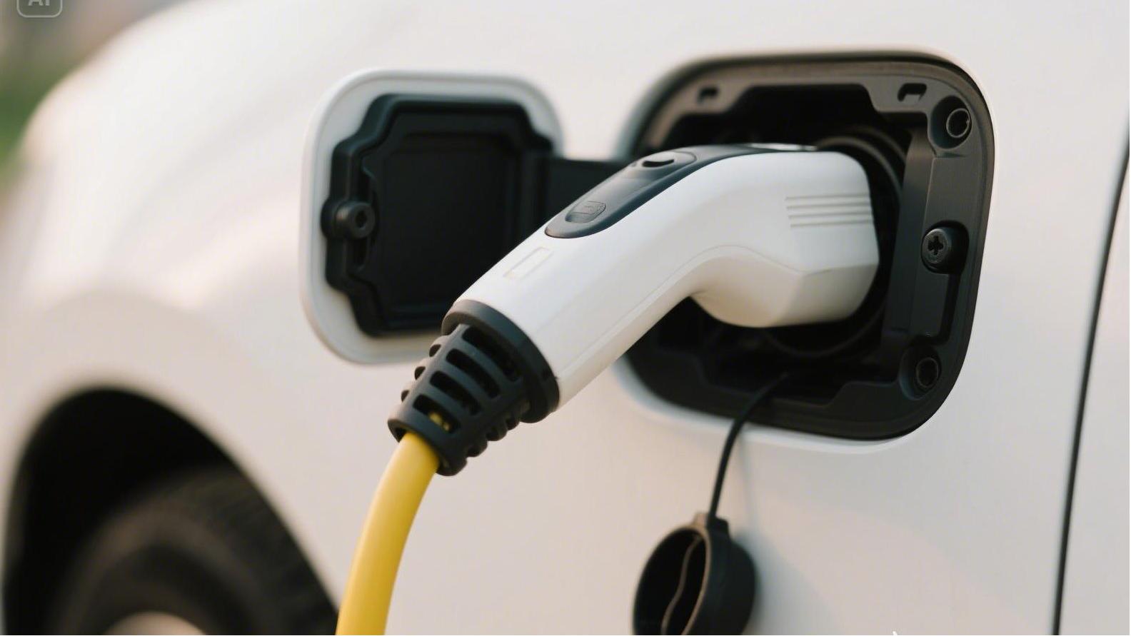 充電樁充電槍插在車上的特寫，寫實(shí)一些